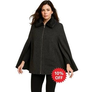 Vintage Charcoal Gray Wool blend Faux Fur Collar Zip Front Cape Jacket Size M